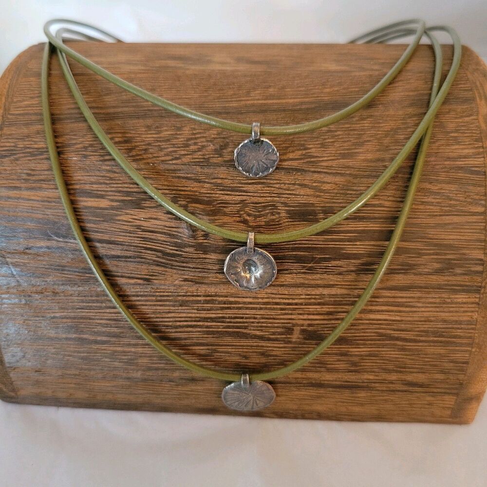 Sterling Silver Silpada Charm Necklace Olive Green Leather Cord Retired